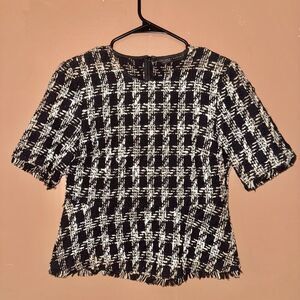 ZARA Houndstooth Tweed Peplum Knit Blouse - Size XS